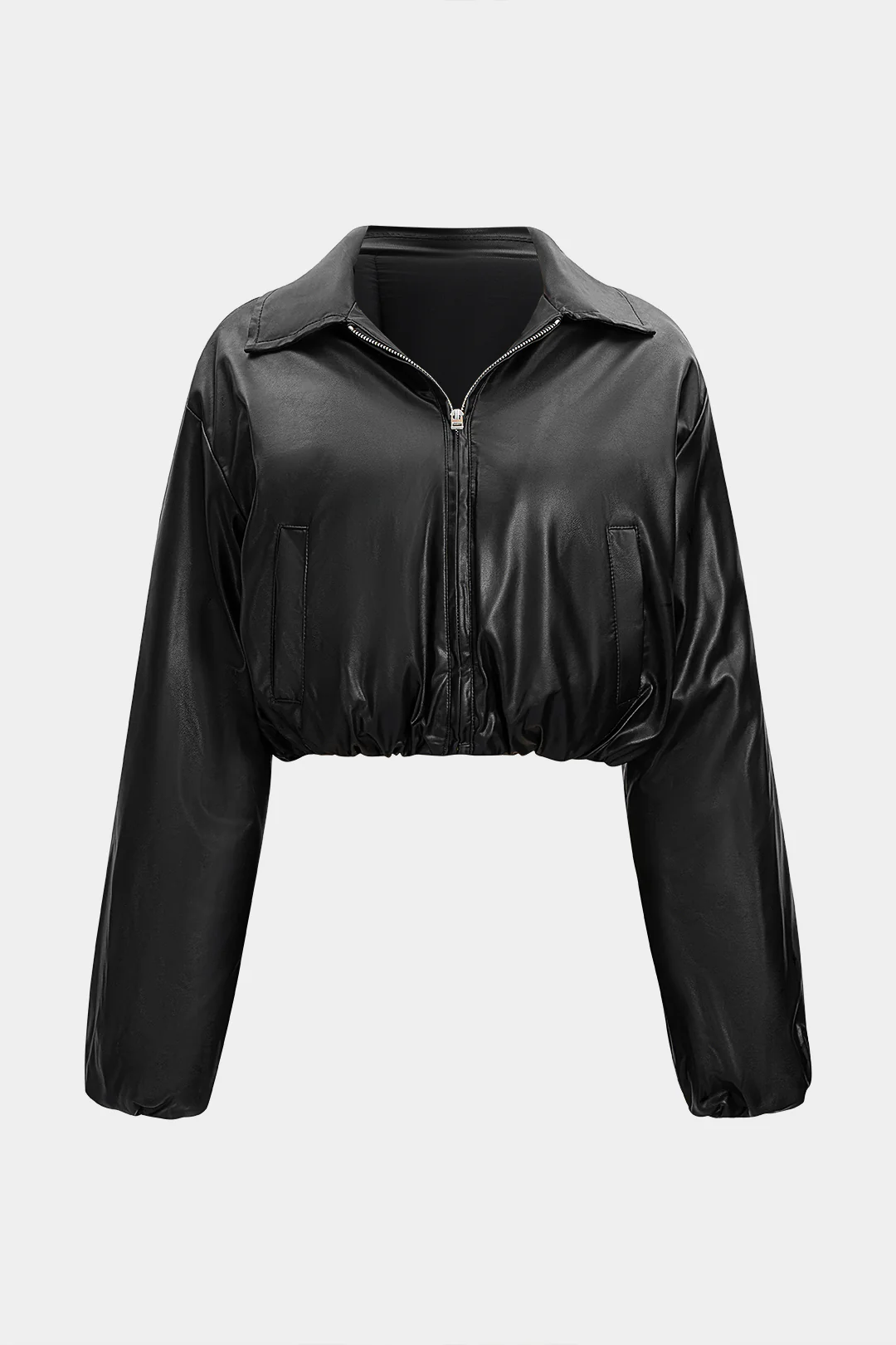 Faux Leather Ruched Zipper Pocket Cropped Puffer