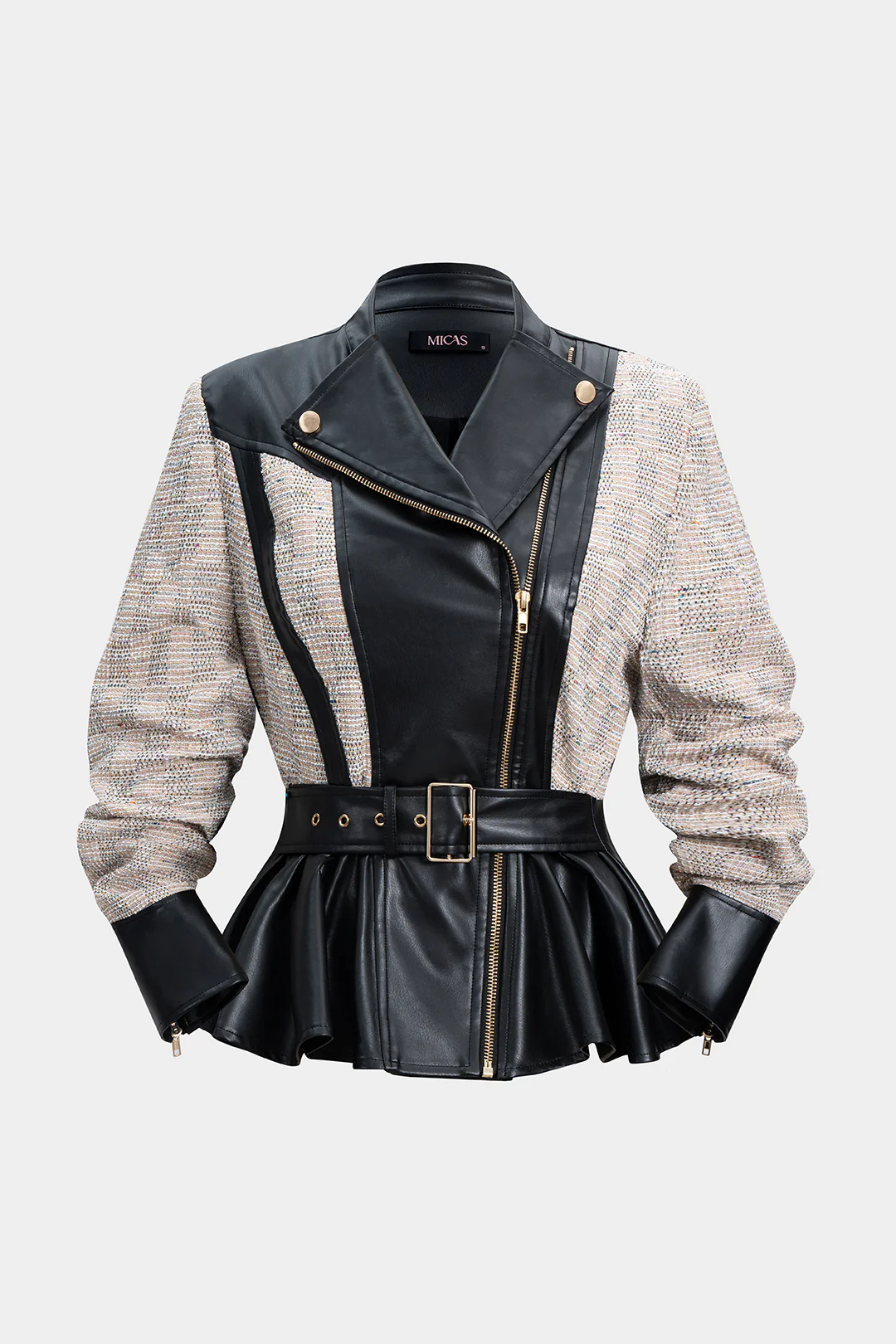 Faux Leather Patchwork Belted Zipper Jacket