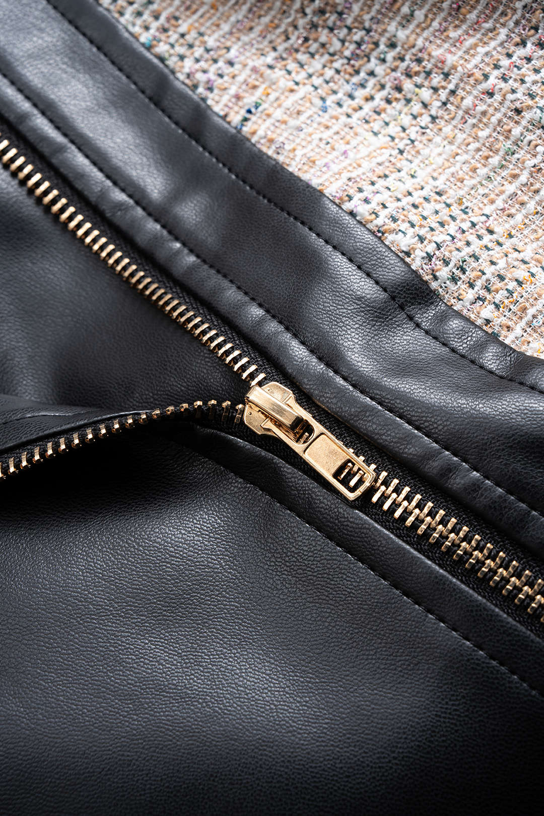 Faux Leather Patchwork Belted Zipper Jacket - Image 3
