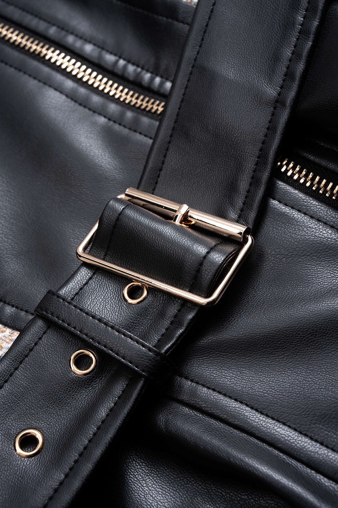 Faux Leather Patchwork Belted Zipper Jacket - Image 4