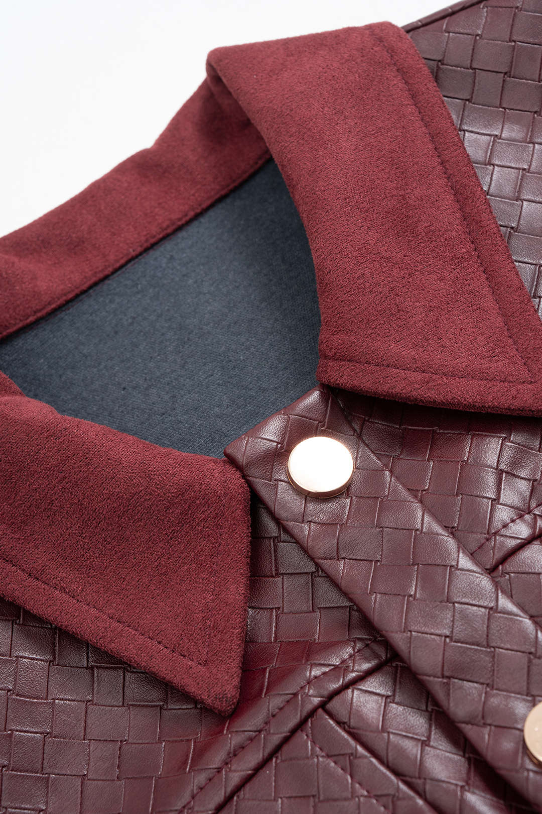 Woven Pattern Faux Leather Patchwork Cropped Jacket - Image 3