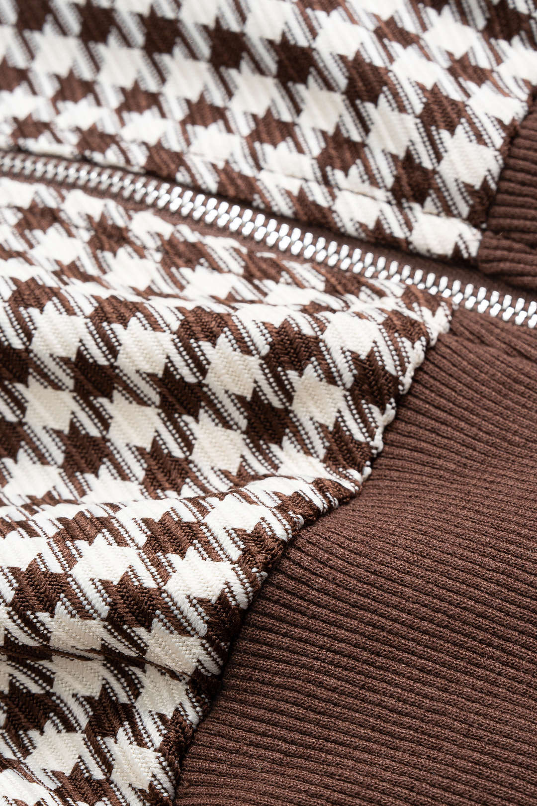 Houndstooth Print Patchwork Zipper Jacket - Image 3