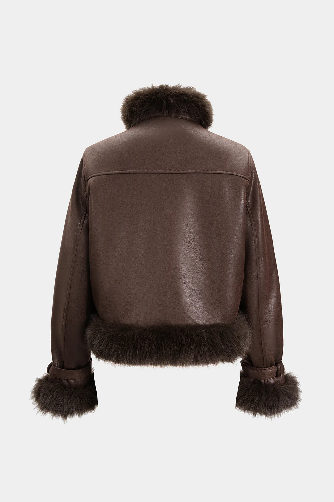 Faux Leather Fur Patchwork Stand Collar Jacket - Image 2