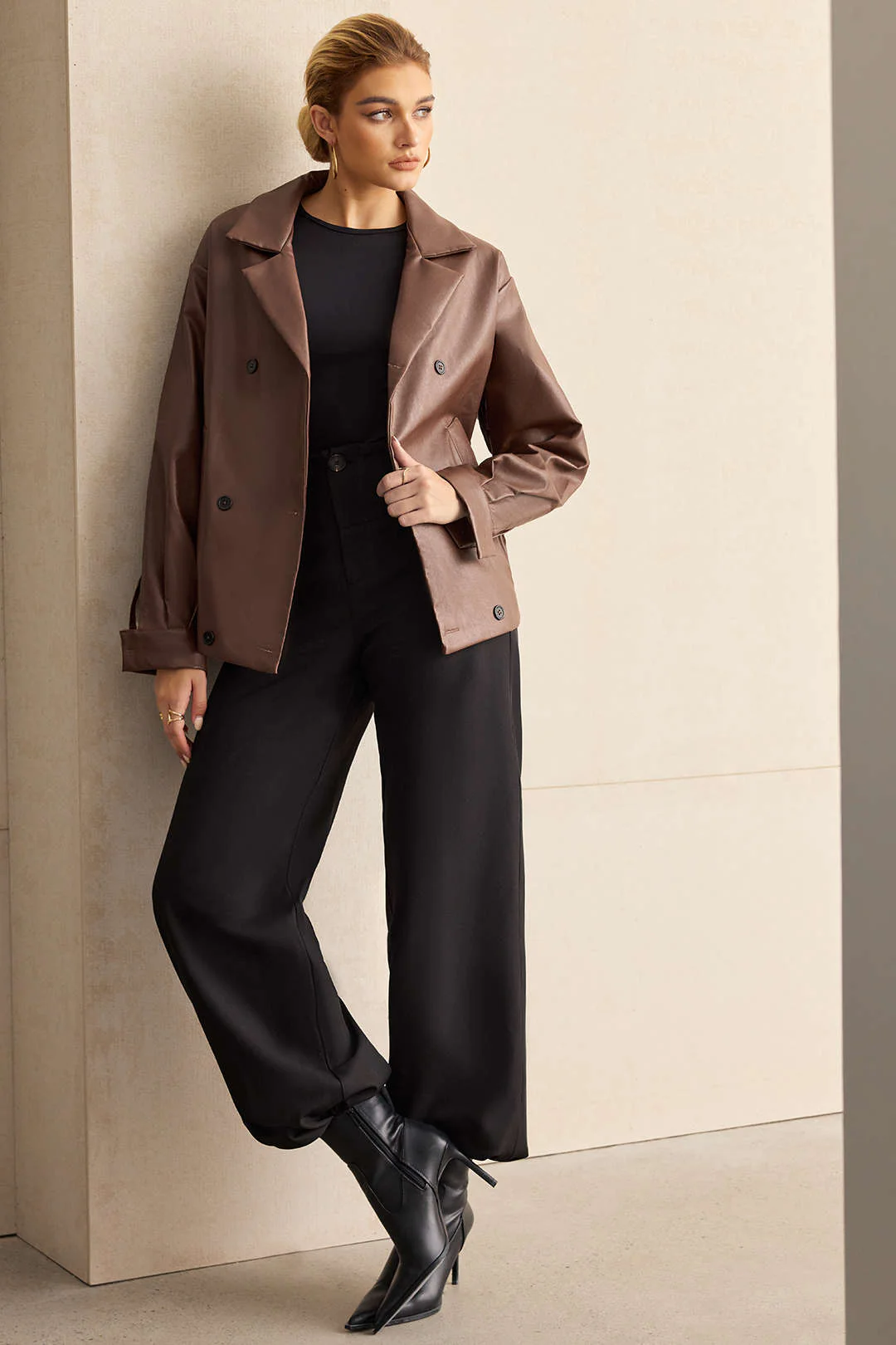 Faux Leather Notched Lapel Blazer - Image 2