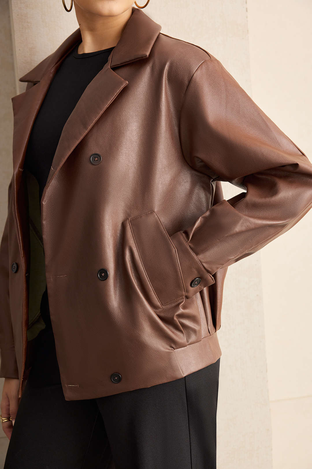 Faux Leather Notched Lapel Blazer - Image 4