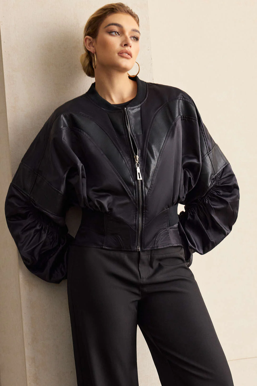 Faux Leather Patchwork Satin Zipper Jacket