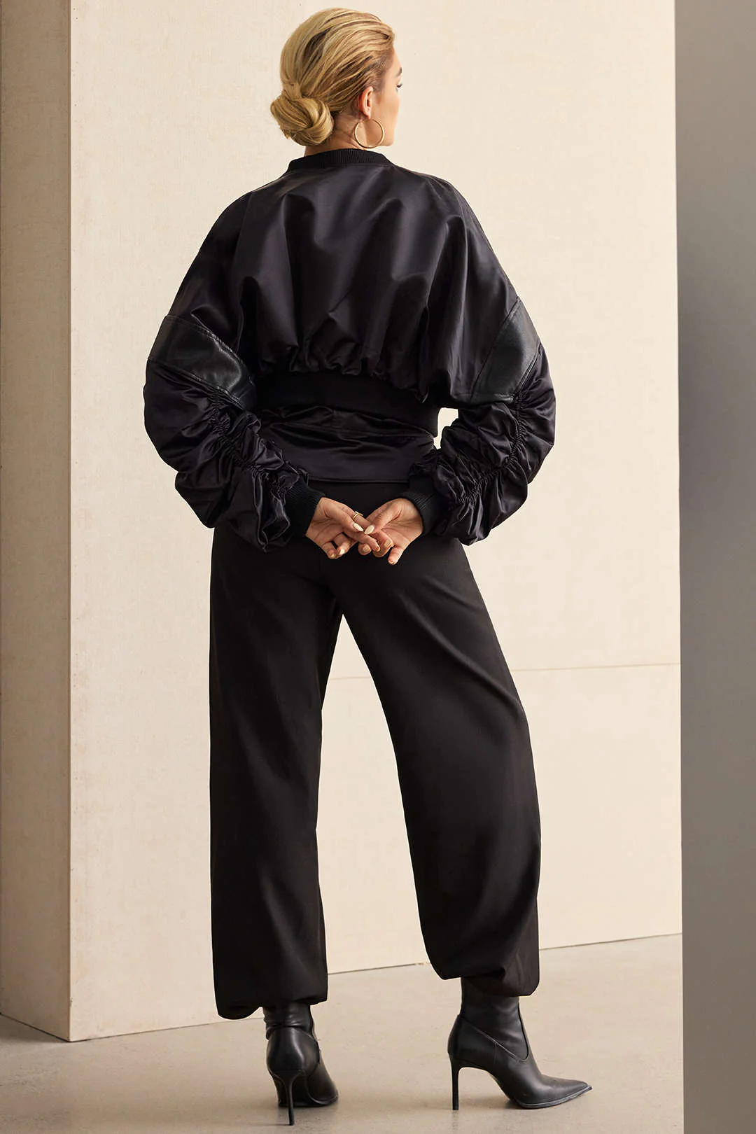 Faux Leather Patchwork Satin Zipper Jacket - Image 3