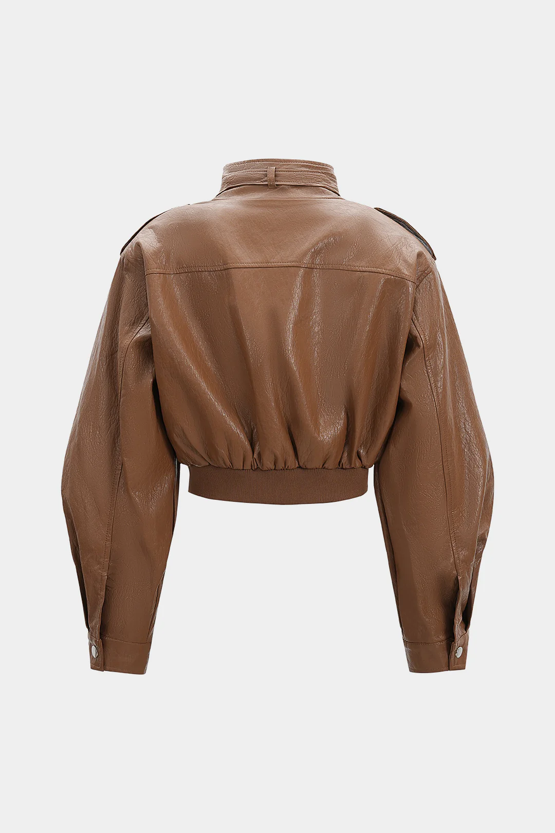 Faux Leather Stand Collar Cropped Jacket - Image 2