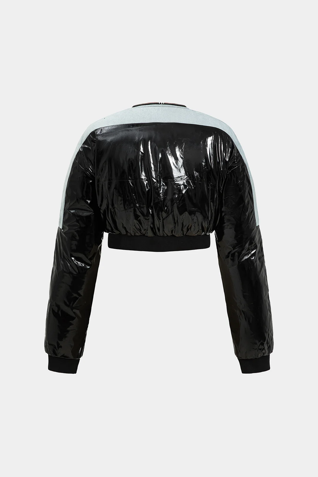 Denim Faux Leather Ruched Zipper Patchwork Padded Long Sleeve Jacket - Image 2