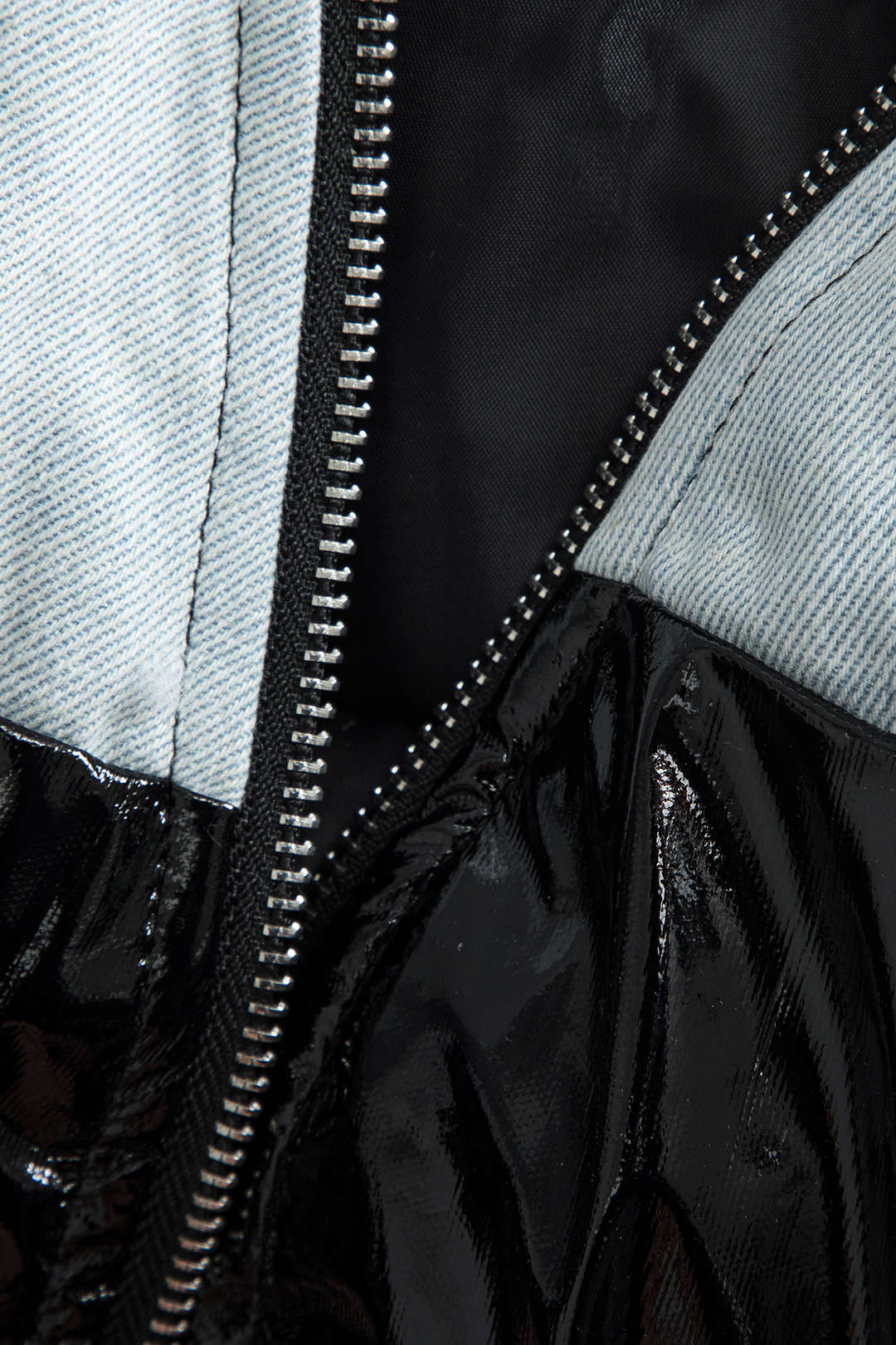Denim Faux Leather Ruched Zipper Patchwork Padded Long Sleeve Jacket - Image 4