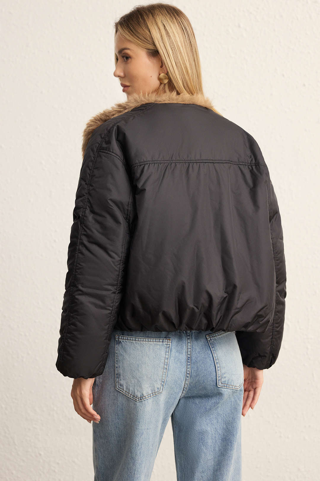 Faux Fur Collar Patchwork Puffer - Image 2