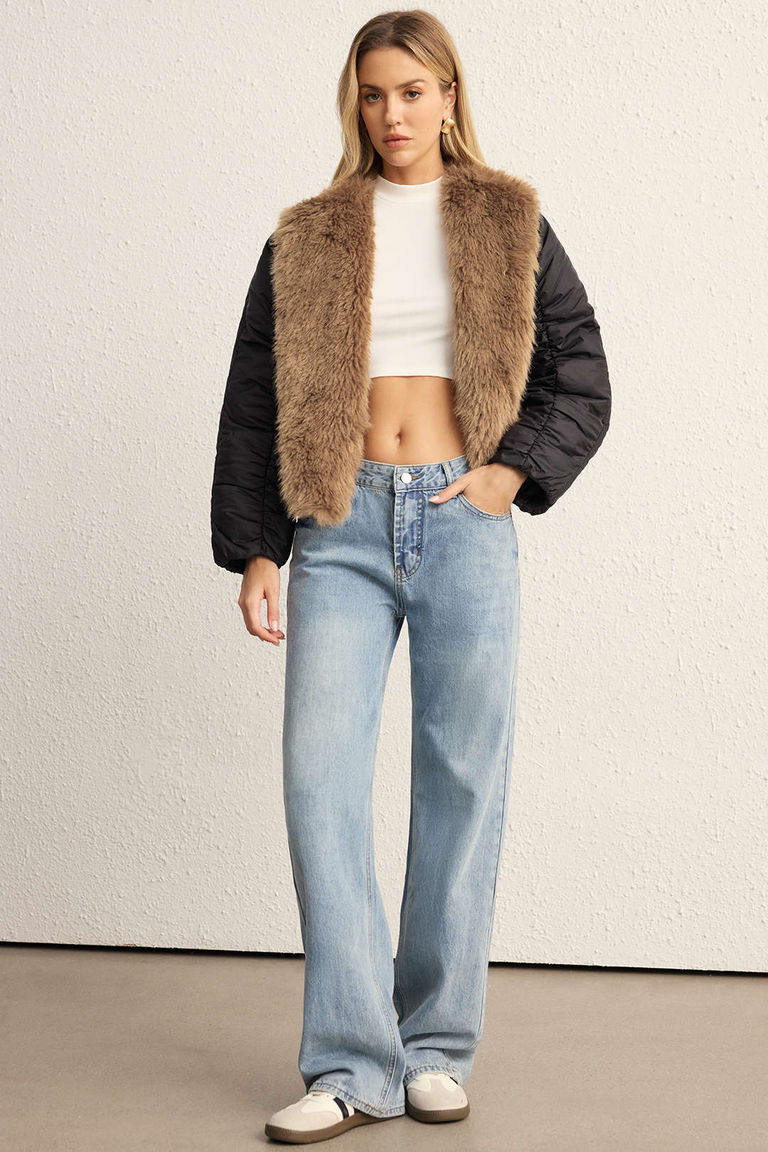 Faux Fur Collar Patchwork Puffer - Image 3
