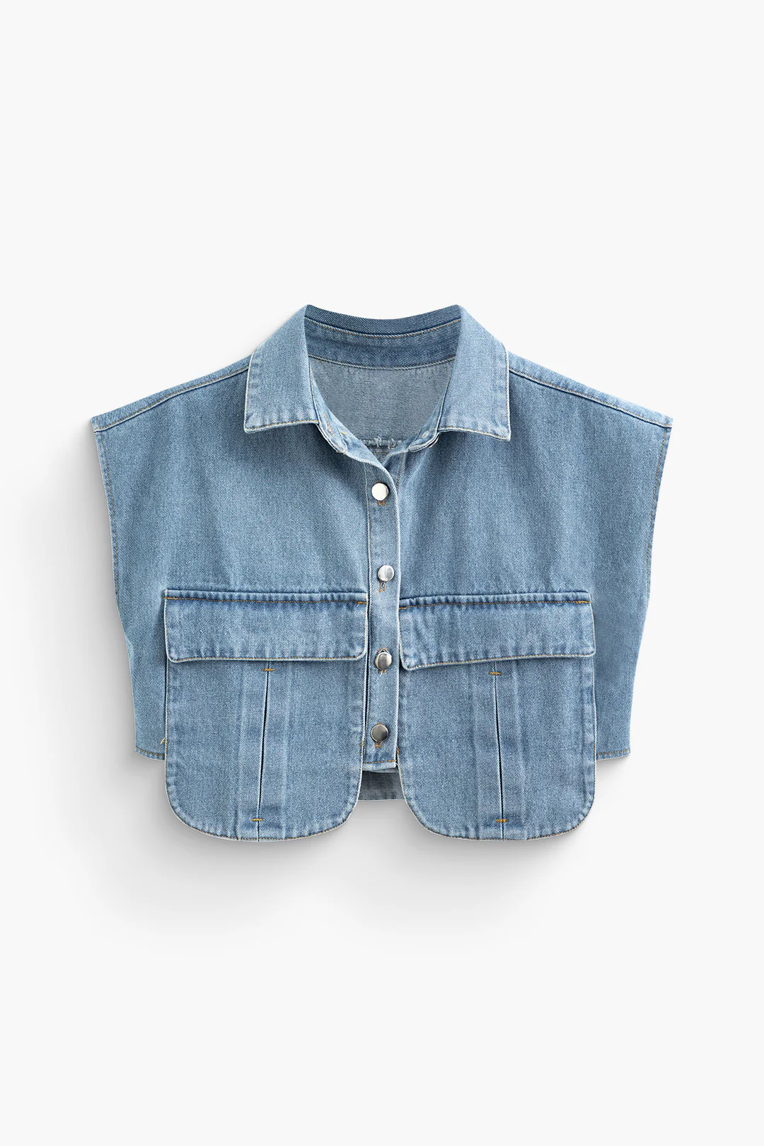 Asymmetric Button Up Flap Pocket Crop Denim Vest - Image 5