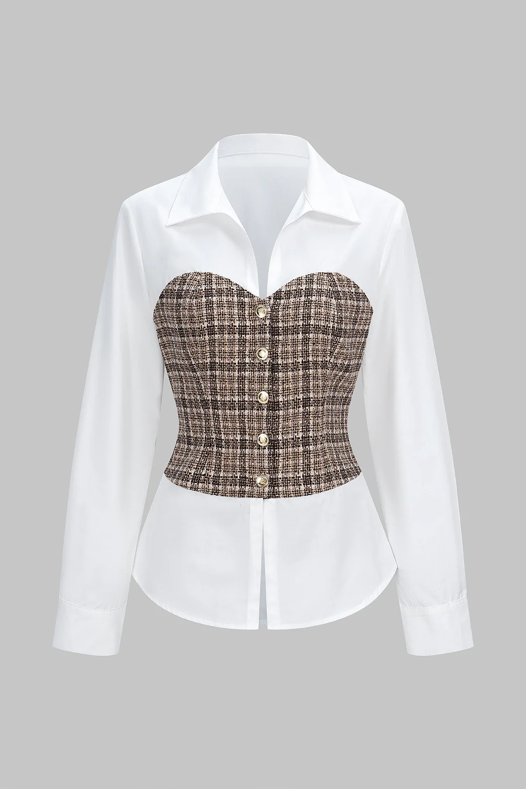 Tweed Plaid Print Patchwork Button Long-Sleeve Top