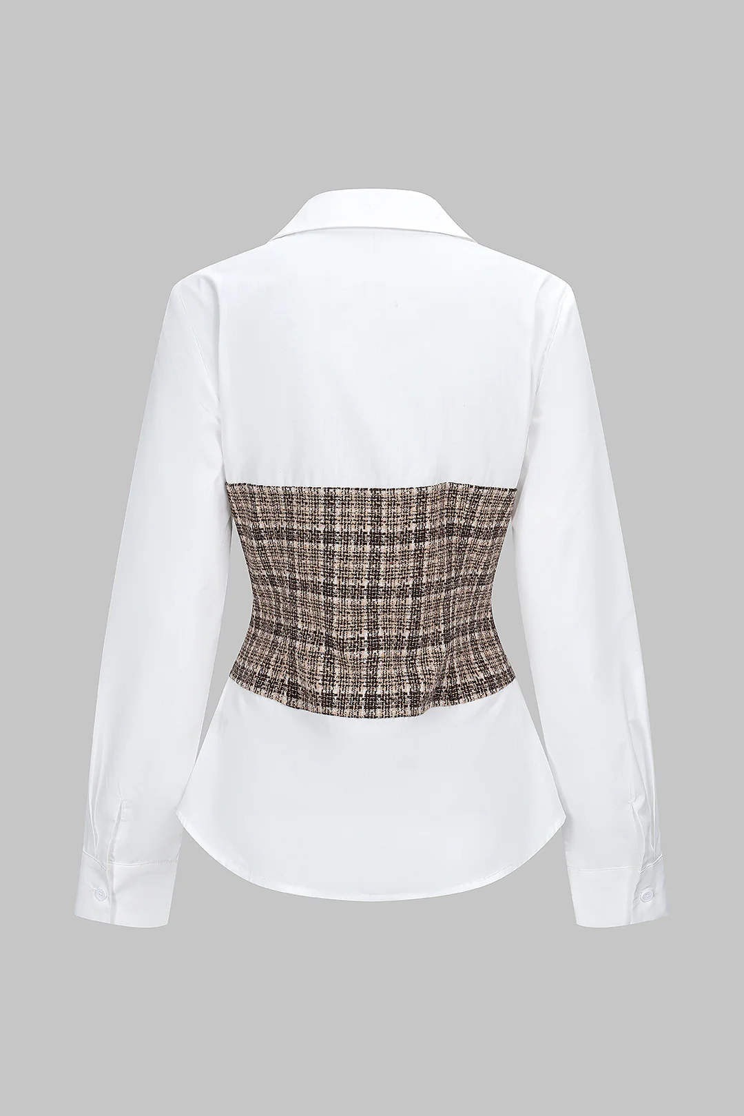 Tweed Plaid Print Patchwork Button Long-Sleeve Top - Image 2