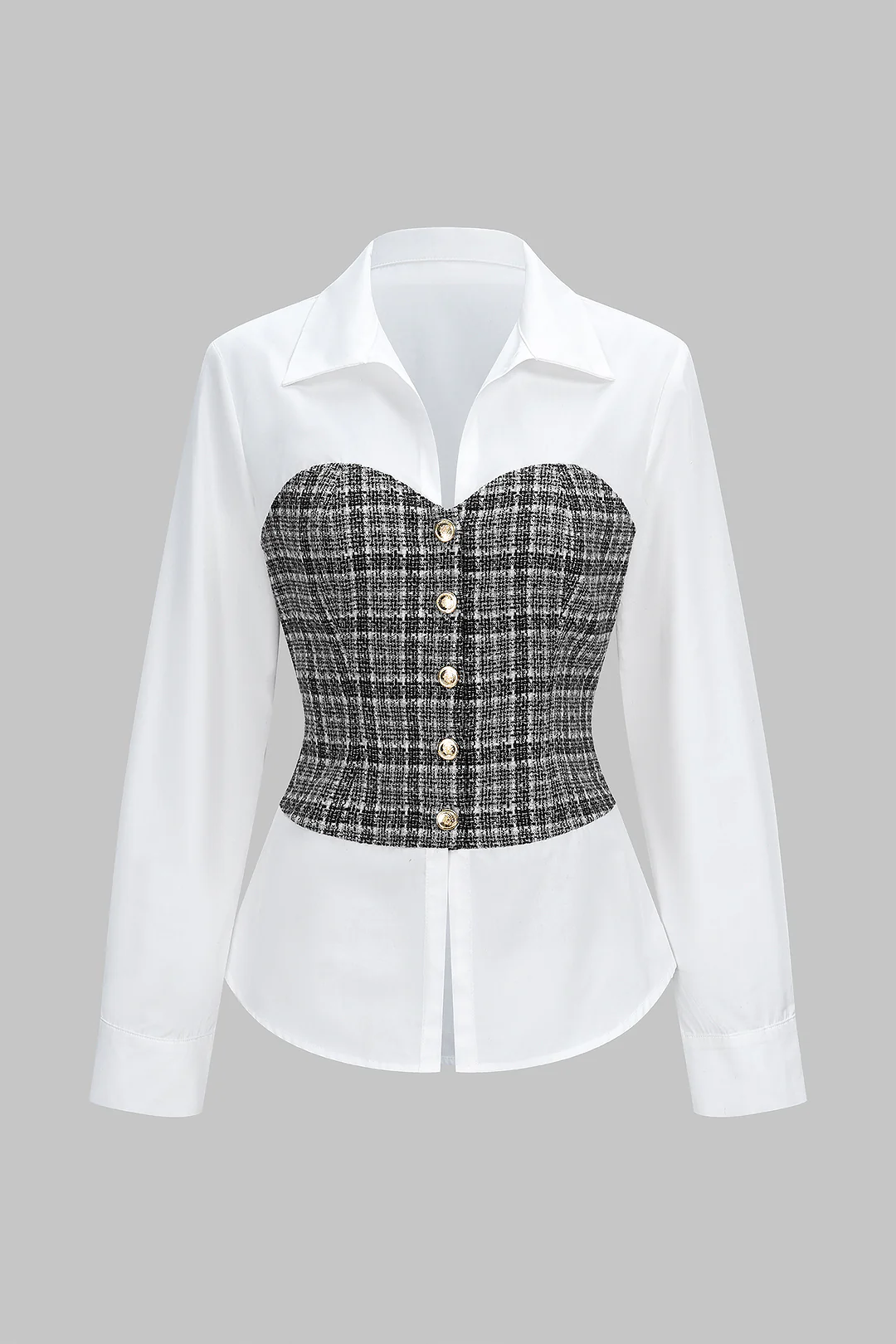 Tweed Plaid Print Patchwork Button Long-Sleeve Top - Image 6