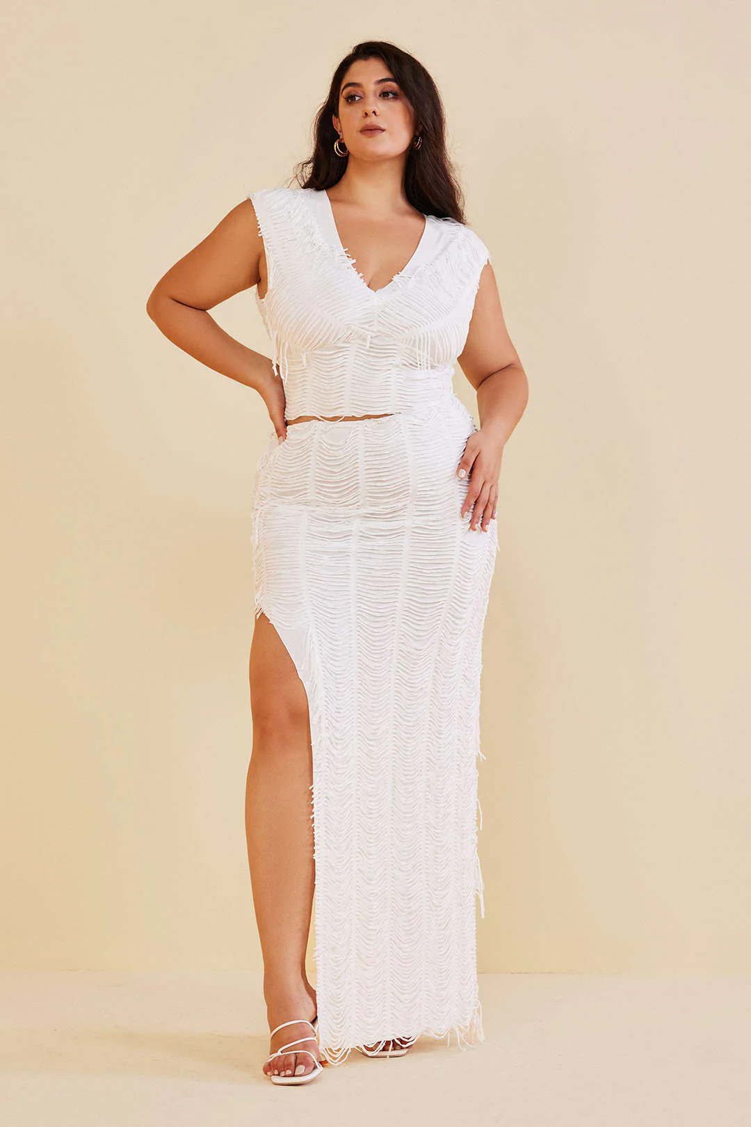 Plus Size Distressed V-neck Cap Sleeve Crop Top And Slit Maxi Skirt Set - Image 3