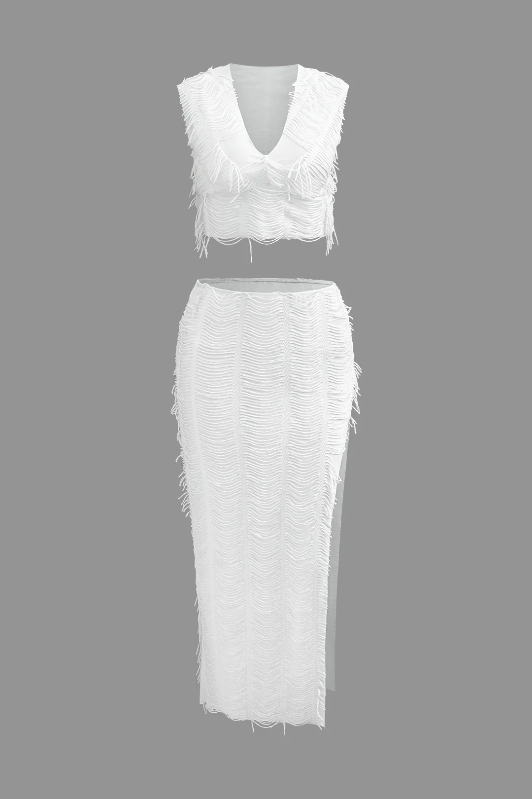 Plus Size Distressed V-neck Cap Sleeve Crop Top And Slit Maxi Skirt Set - Image 5