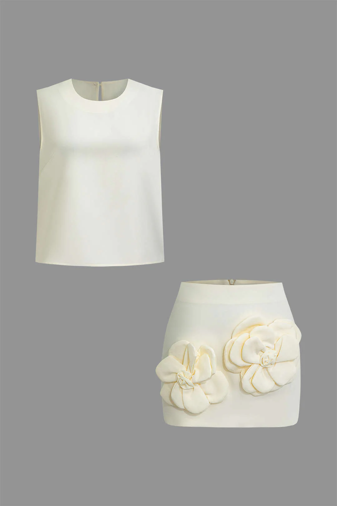 Solid Tank Top And 3D Floral Zipper Mini Skirt Set - Image 4