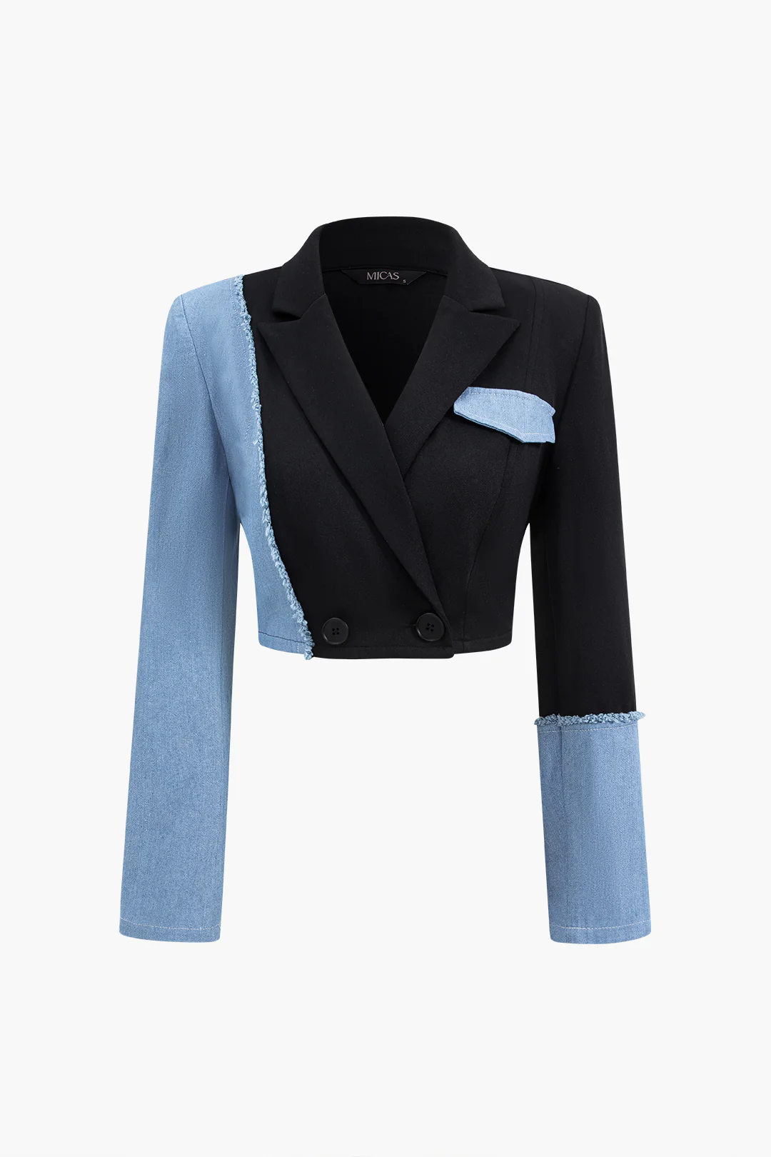 Patchwork Denim Notched Lapel Blazer And Skirt Set - Image 2