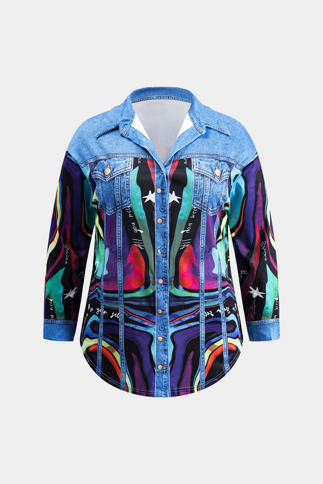 Plus Size Abstract Letter Print Button Pocket Long Sleeve Shirt And Skirt Set - Image 2