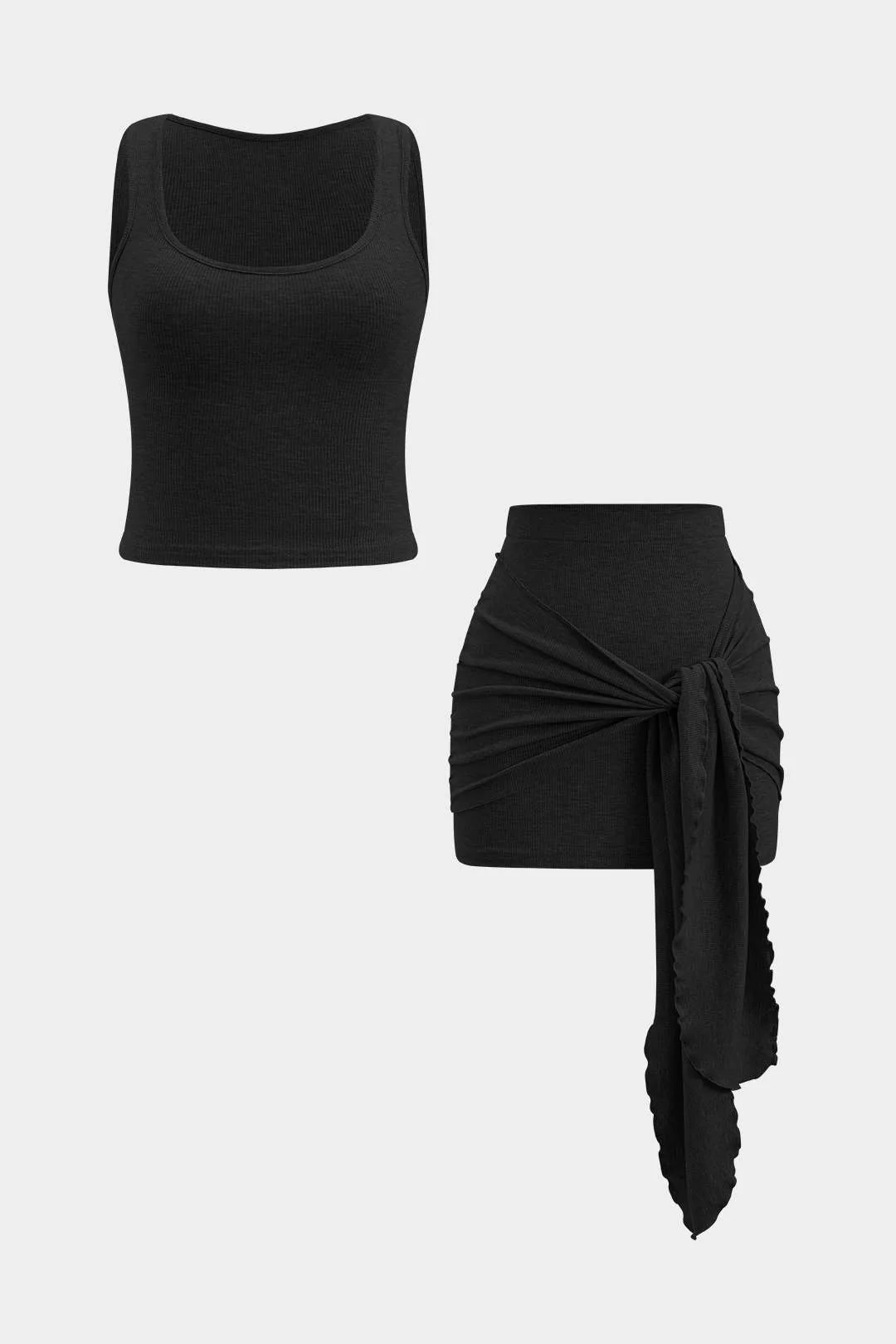 Solid Sleeveless Tank Top And Ruched Tie Front Skirt Set - Image 7