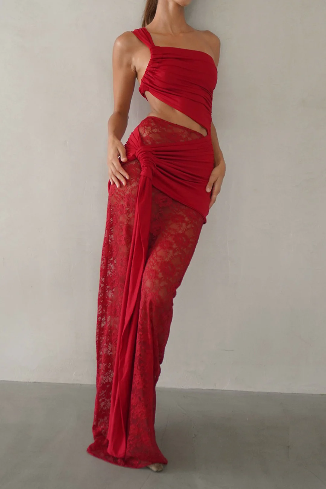 Lace Tie Front Hollow Out Patchwork Ruched Skirt Set - Image 2
