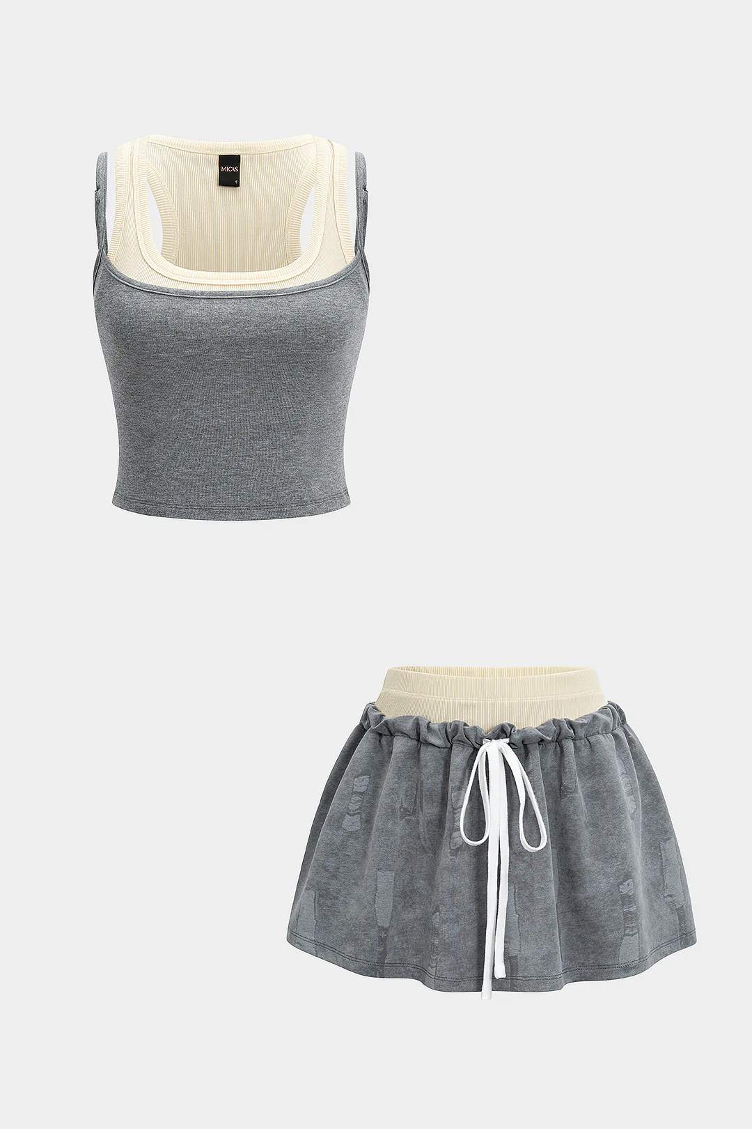 Patchwork Tank Top And Double Waistband Drawstring Skirt Set