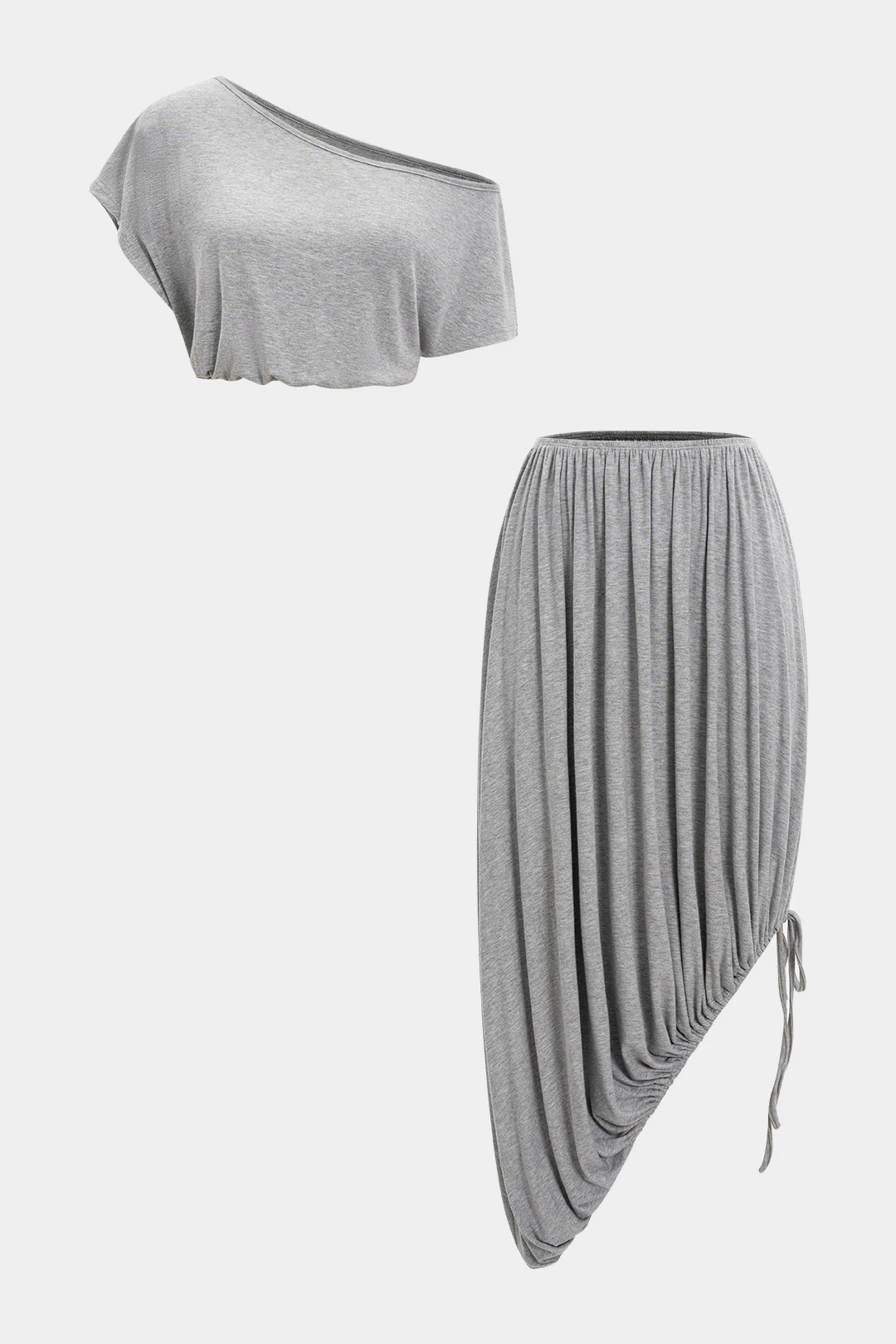 Ruched Asymmetrical Neck Short-Sleeve Top And Drawstring Skirt Set