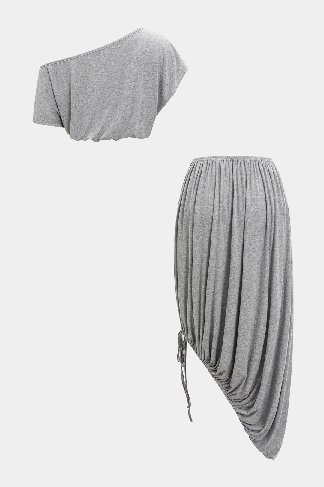 Ruched Asymmetrical Neck Short-Sleeve Top And Drawstring Skirt Set - Image 2