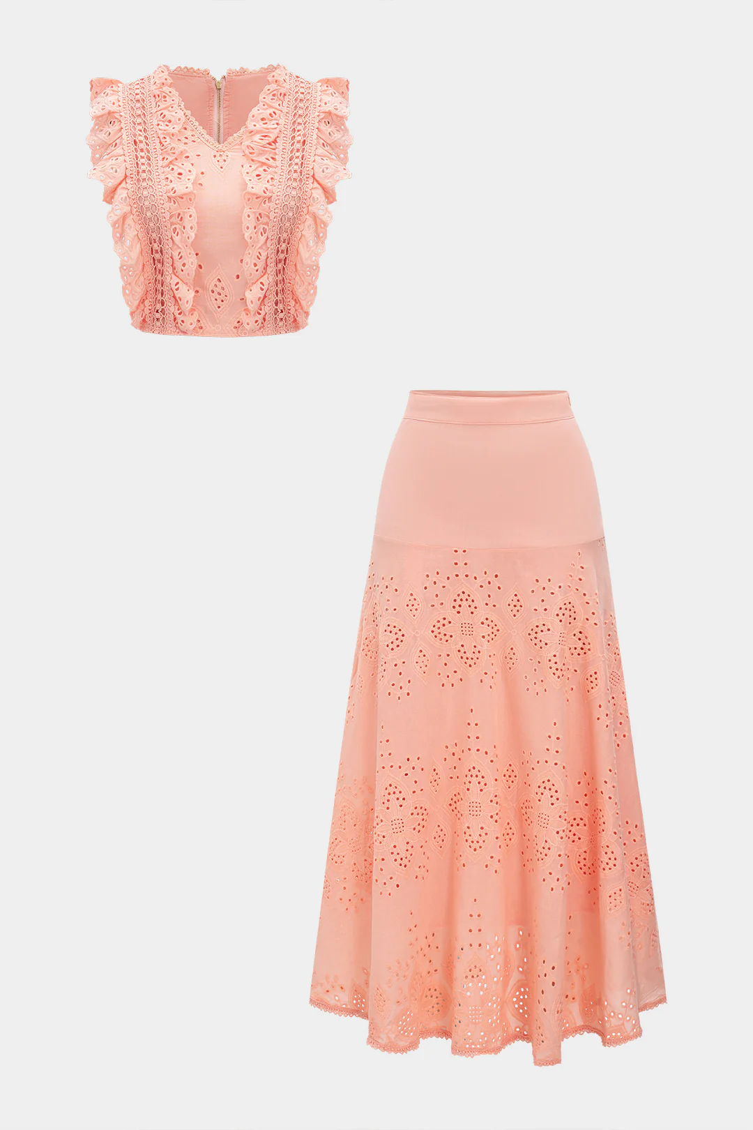 Embroidered Hollowed Out Tank Top And Skirt Set