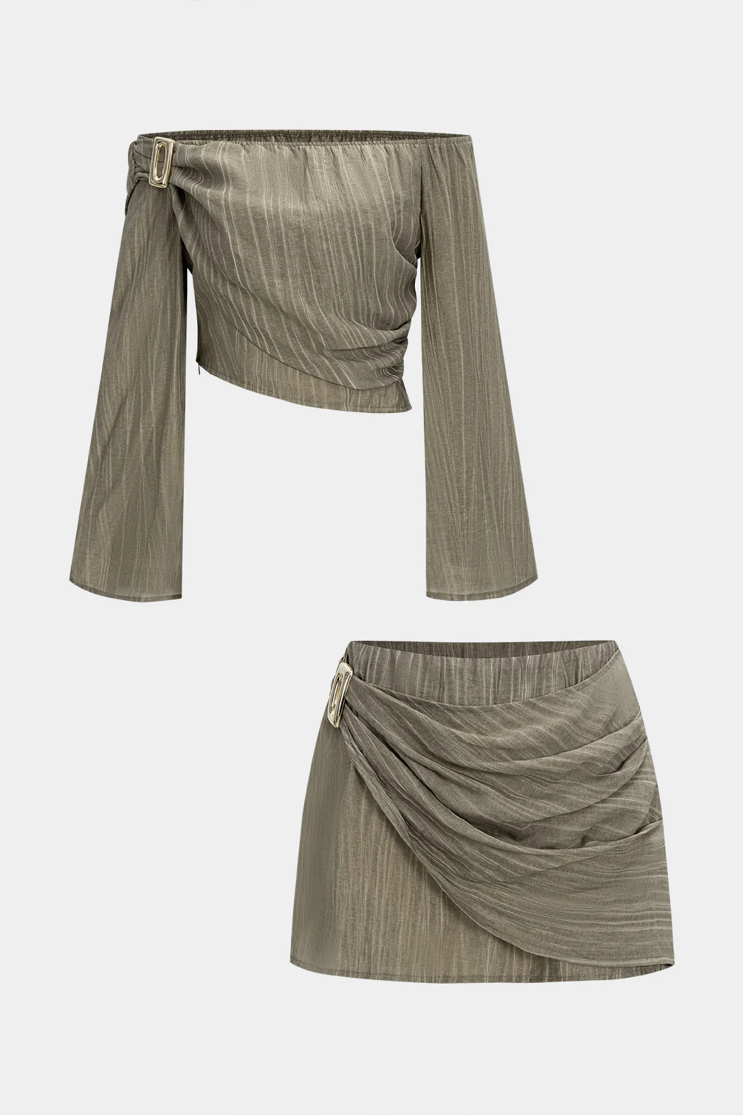 Off Shoulder Stripes Print Long Sleeve Crossed Top And Ruched Mini Skirt Set