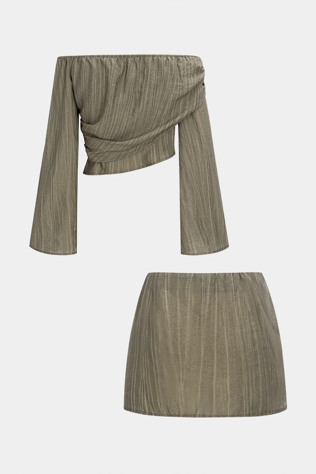 Off Shoulder Stripes Print Long Sleeve Crossed Top And Ruched Mini Skirt Set - Image 2