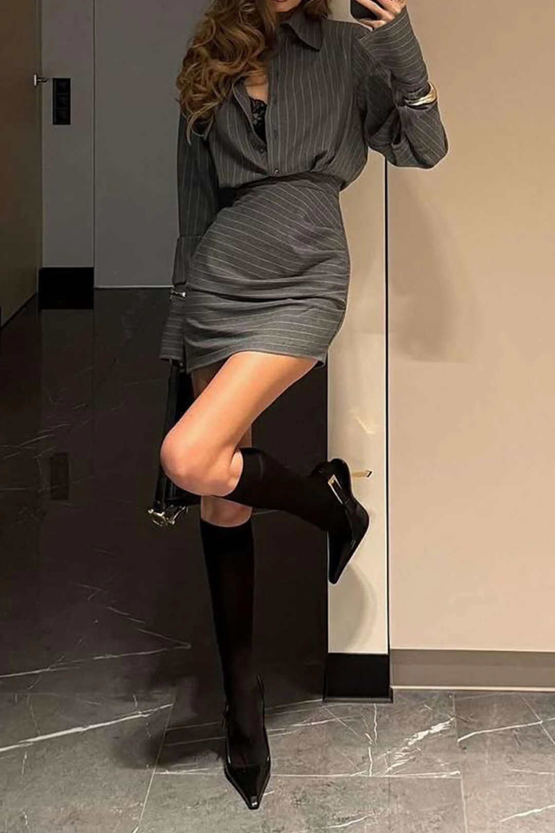 Stripes Print Button Long-Sleeve And Ruched Mini Skirt Set - Image 12