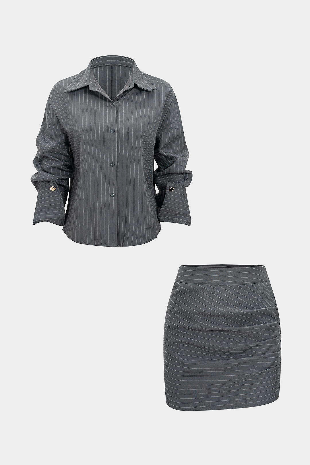 Stripes Print Button Long-Sleeve And Ruched Mini Skirt Set - Image 3