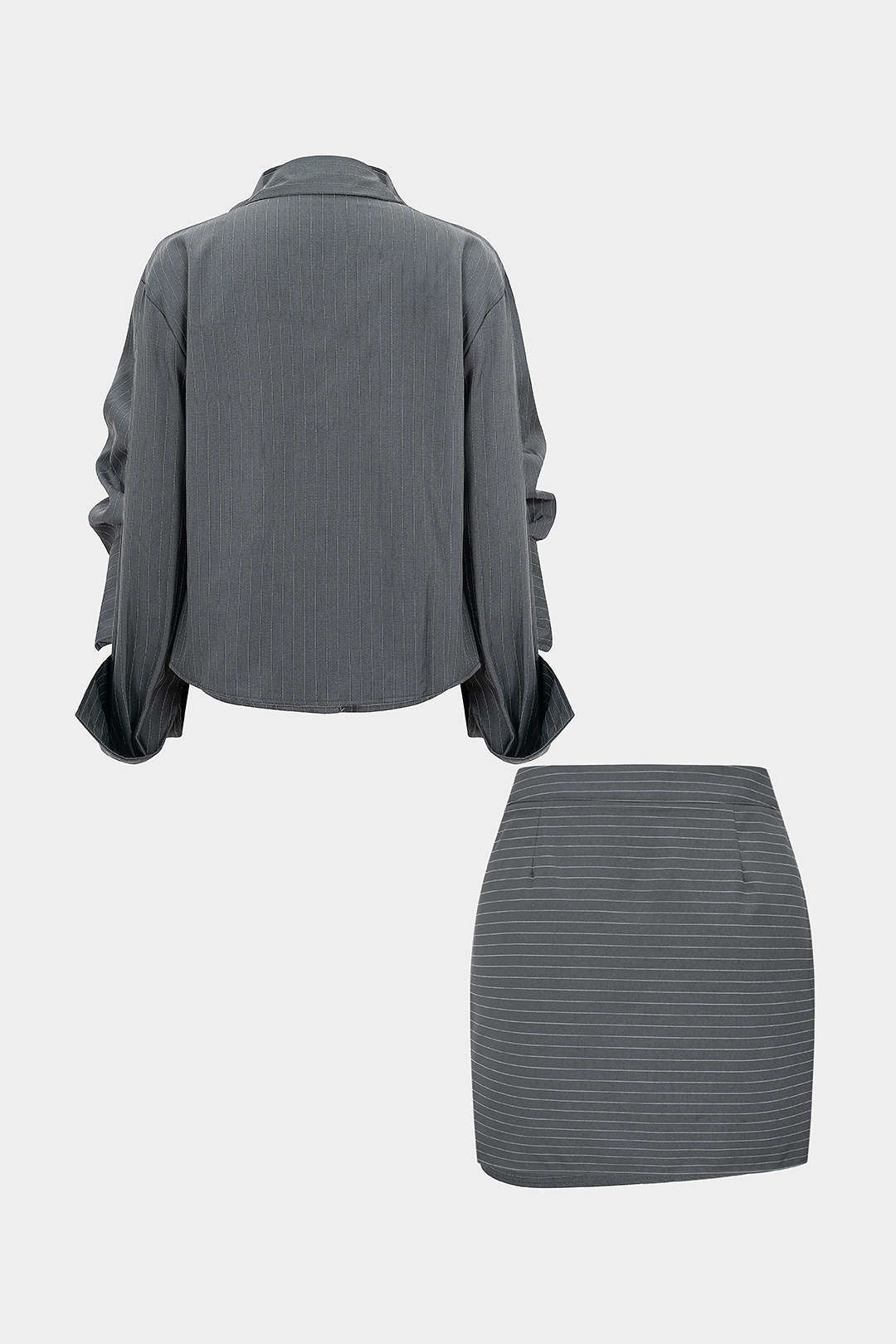 Stripes Print Button Long-Sleeve And Ruched Mini Skirt Set - Image 4