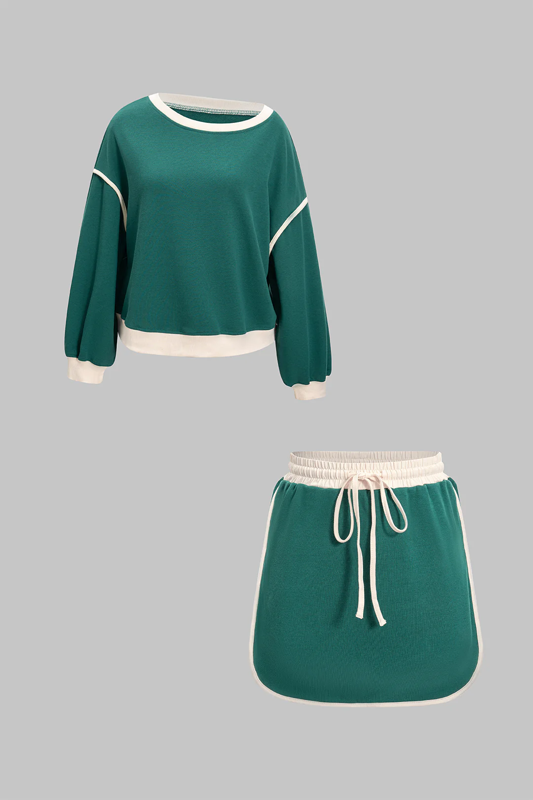 Contrast Binding Long-Sleeve Top And Drawstring Skirt Set - Image 2