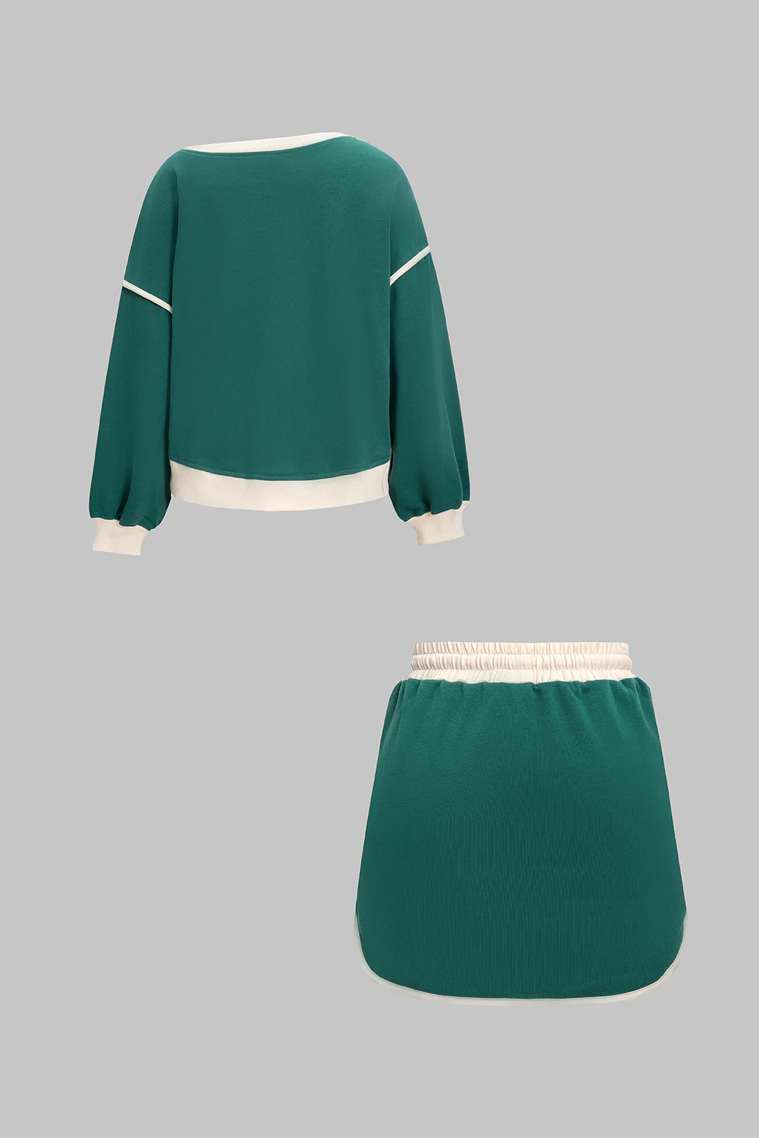 Contrast Binding Long-Sleeve Top And Drawstring Skirt Set - Image 3