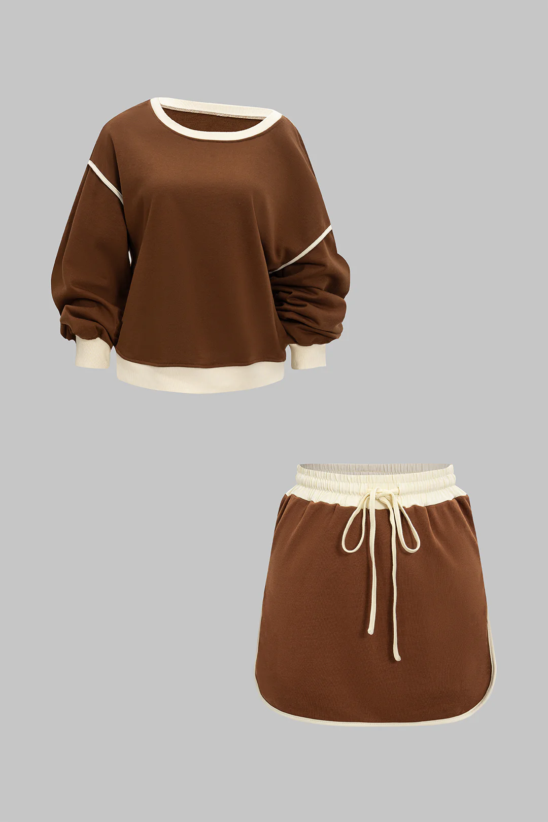 Contrast Binding Long-Sleeve Top And Drawstring Skirt Set - Image 7