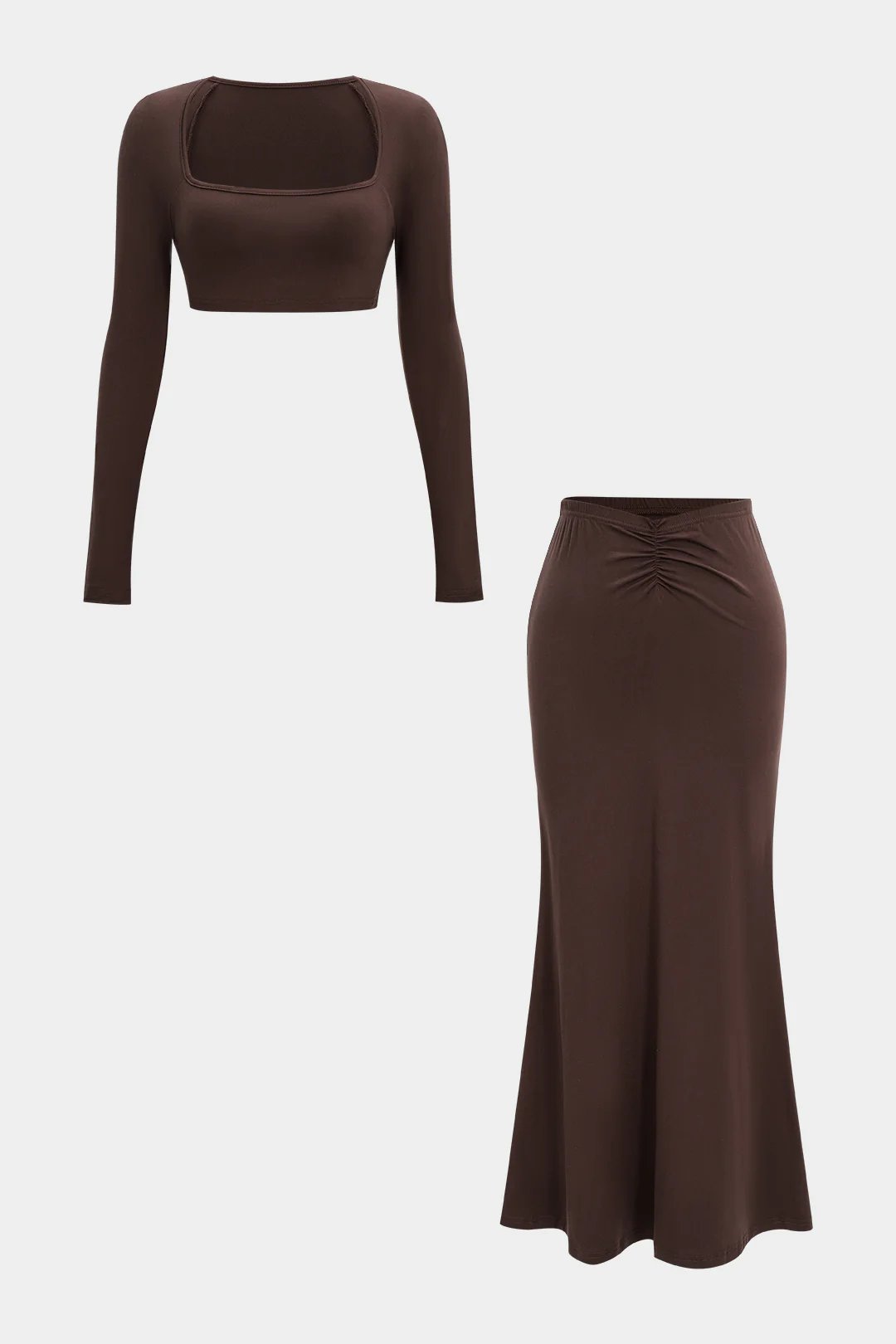 Square Neck Long Sleeve Cropped Top And Ruched Skirt Set