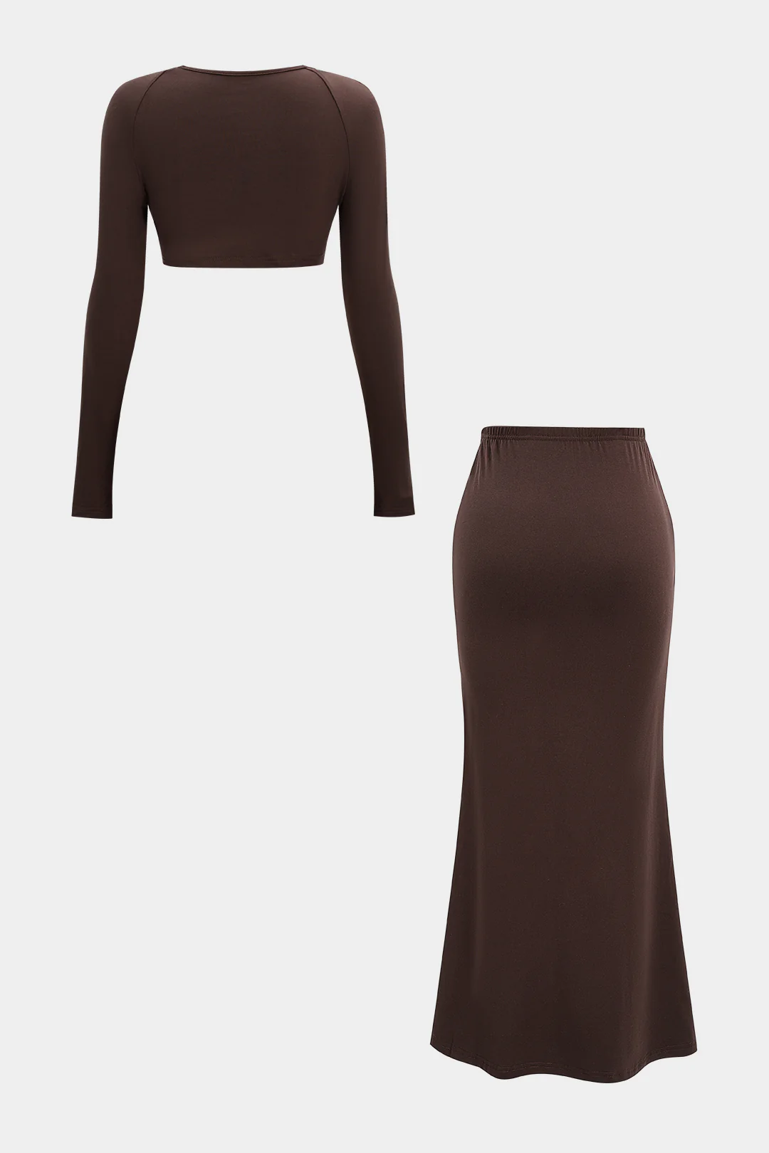 Square Neck Long Sleeve Cropped Top And Ruched Skirt Set - Image 2