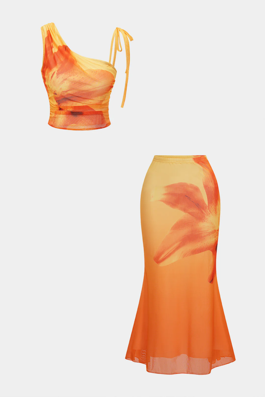 Floral Print Mesh Tie-Up Asymmetrical Cami Top And Ruched Skirt Set
