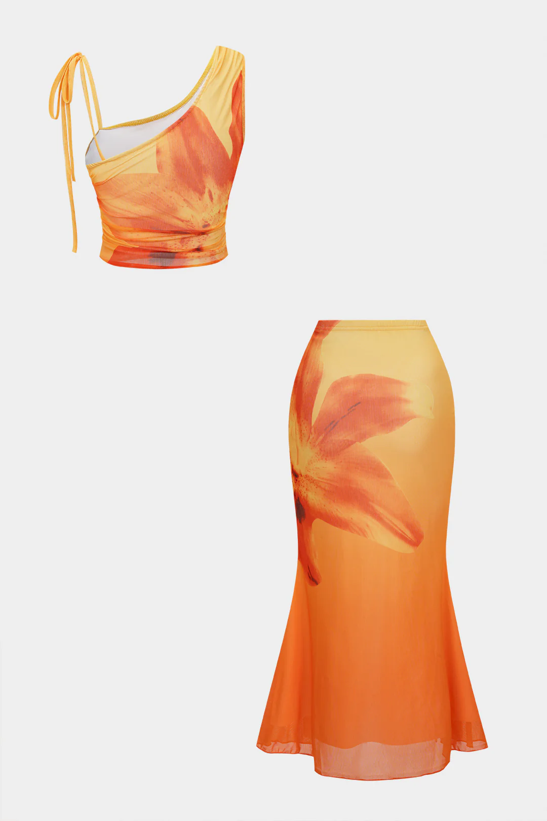 Floral Print Mesh Tie-Up Asymmetrical Cami Top And Ruched Skirt Set - Image 2