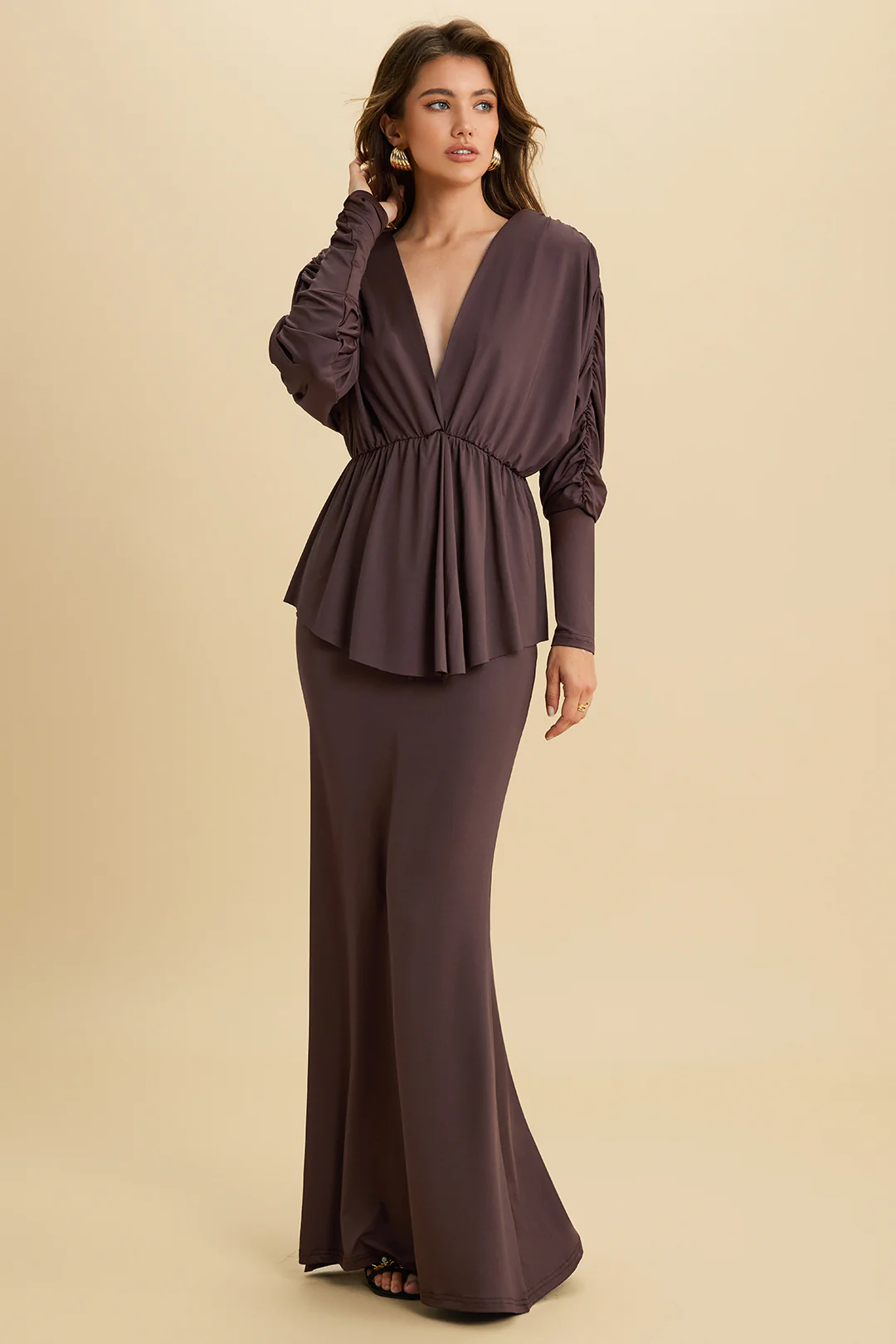 V-Neck Ruffle Long-Sleeve Top And Skirt Set - Image 2