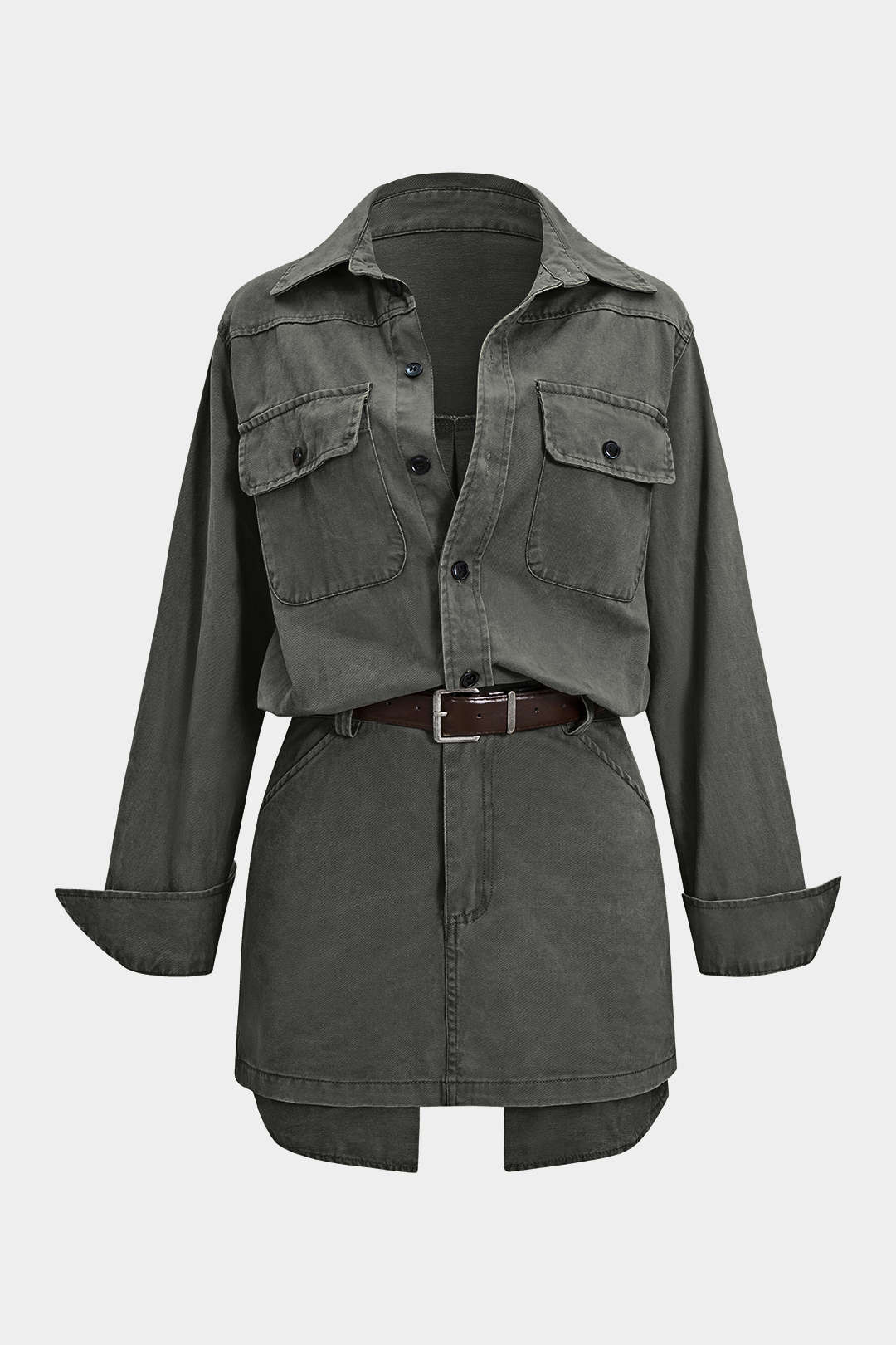 Denim Button Pocket Belted Long Sleeve Dress - Image 10