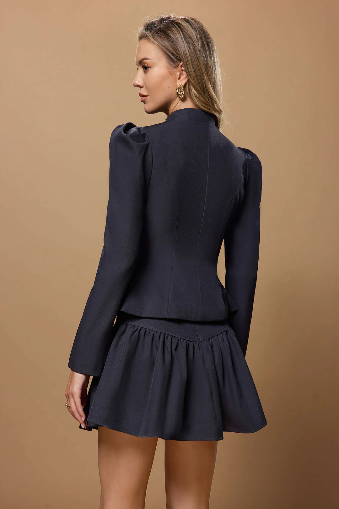 Outerwear With Scarf  And Ruched Skirt Set - Image 5
