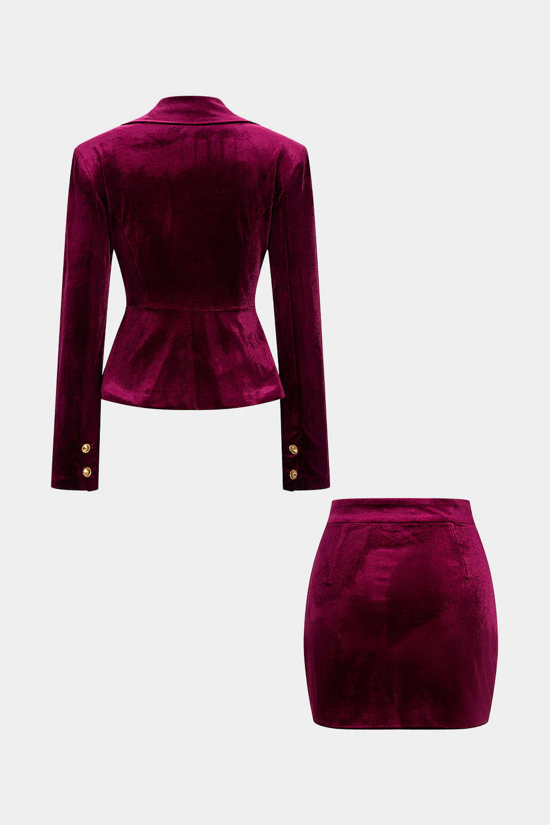 Metallic Button Zipper Shoulder Pads Long-Sleeve Top And Skirt Set - Image 3