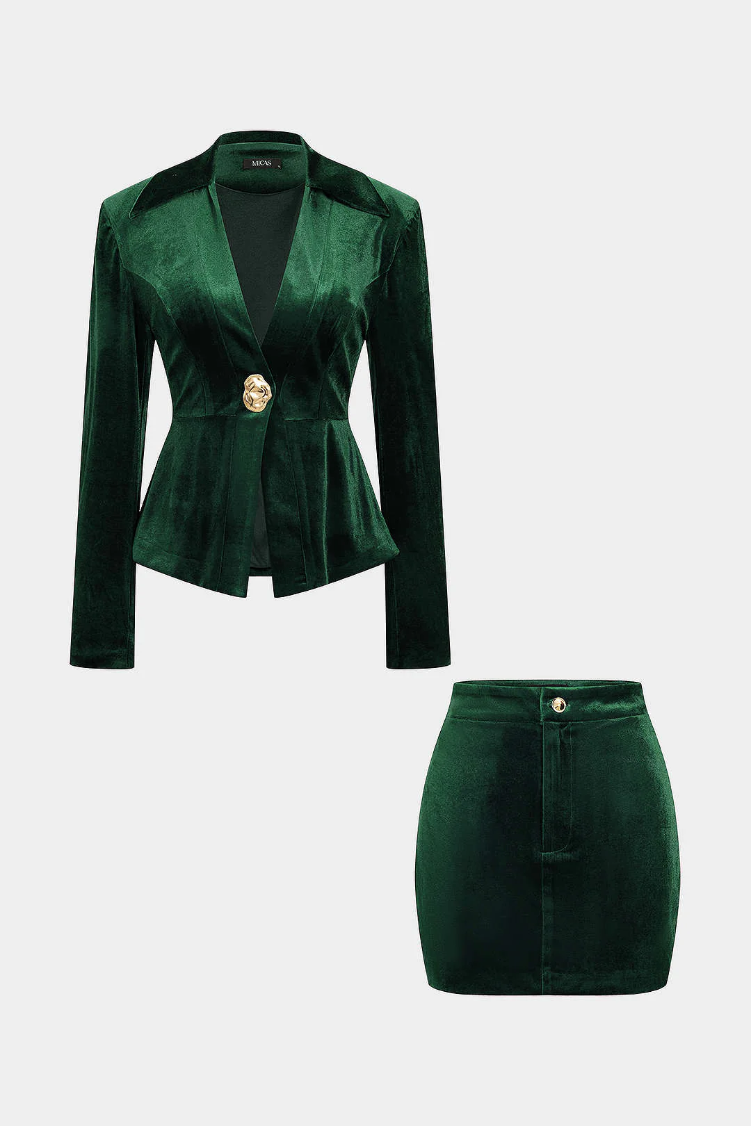 Metallic Button Zipper Shoulder Pads Long-Sleeve Top And Skirt Set - Image 7