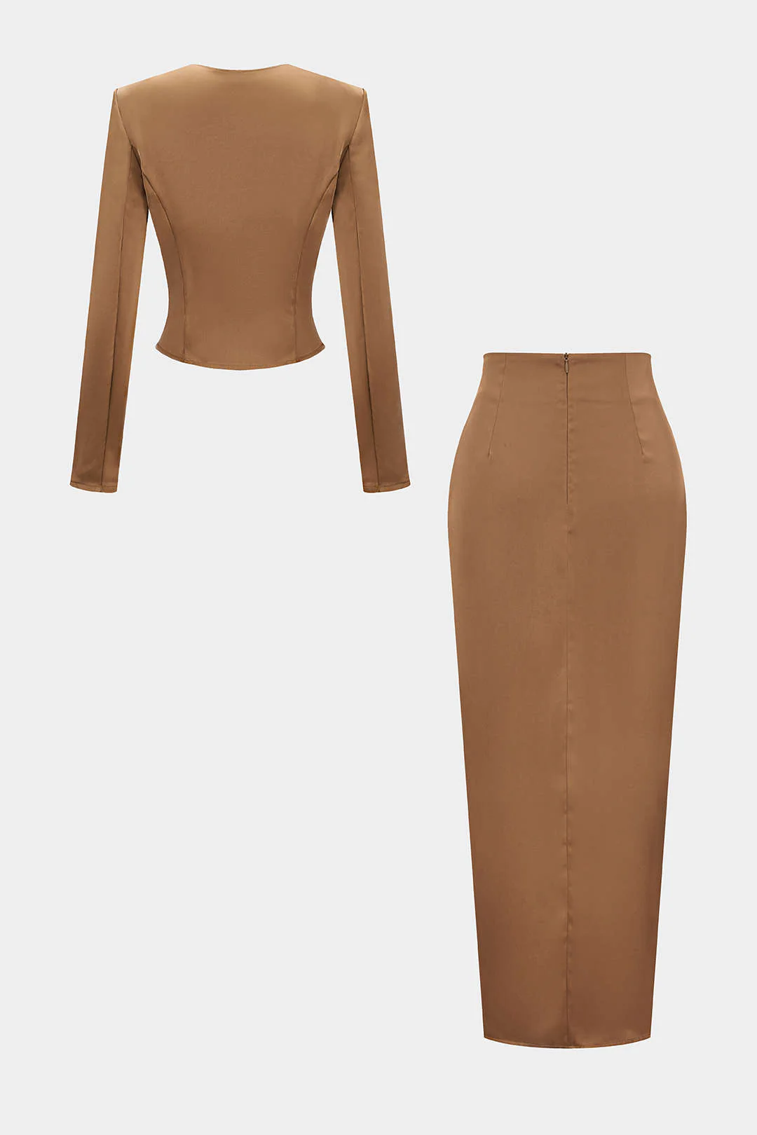 Asymmetrical Neck Ruched Long-Sleeve Top And Skirt Set - Image 2