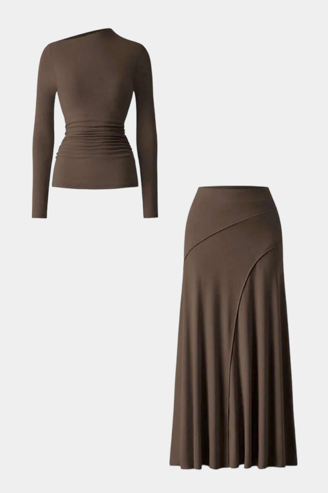 Asymmetrical Neck Long-Sleeve Top And Stitching Detail Skirt Set